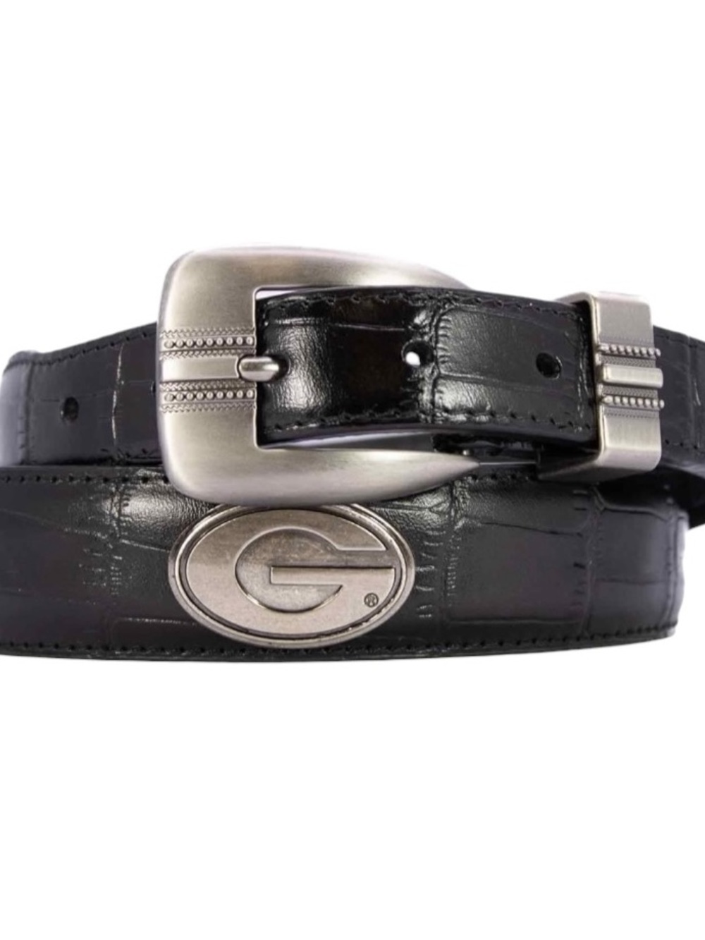 Georgia Bulldogs Men’s Croc Leather Belt Silver G Hardware Buckle Black Size 30